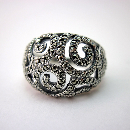 Filigree Swirl Pattern Marcasite Dome Ring - Click Image to Close